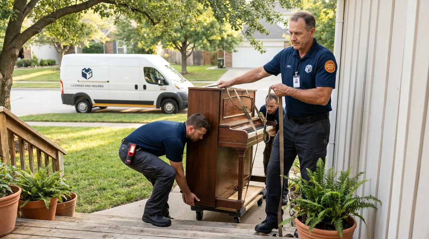 Licensed piano movers securing grand piano in Nederland, TX