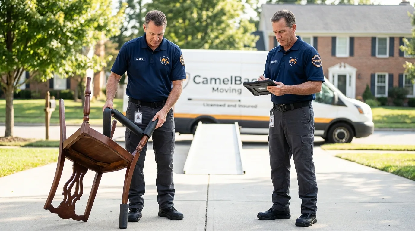 Movers inspecting furniture for damage prevention before loading in Nederland, TX
