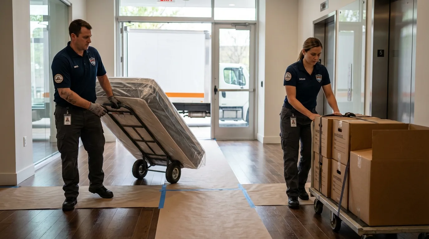 Professional apartment movers loading elevator in Nederland, TX