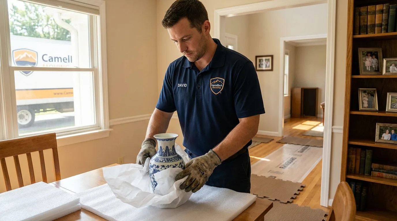 Professional crew carefully wrapping antique vase for senior downsizing move in Nederland, TX