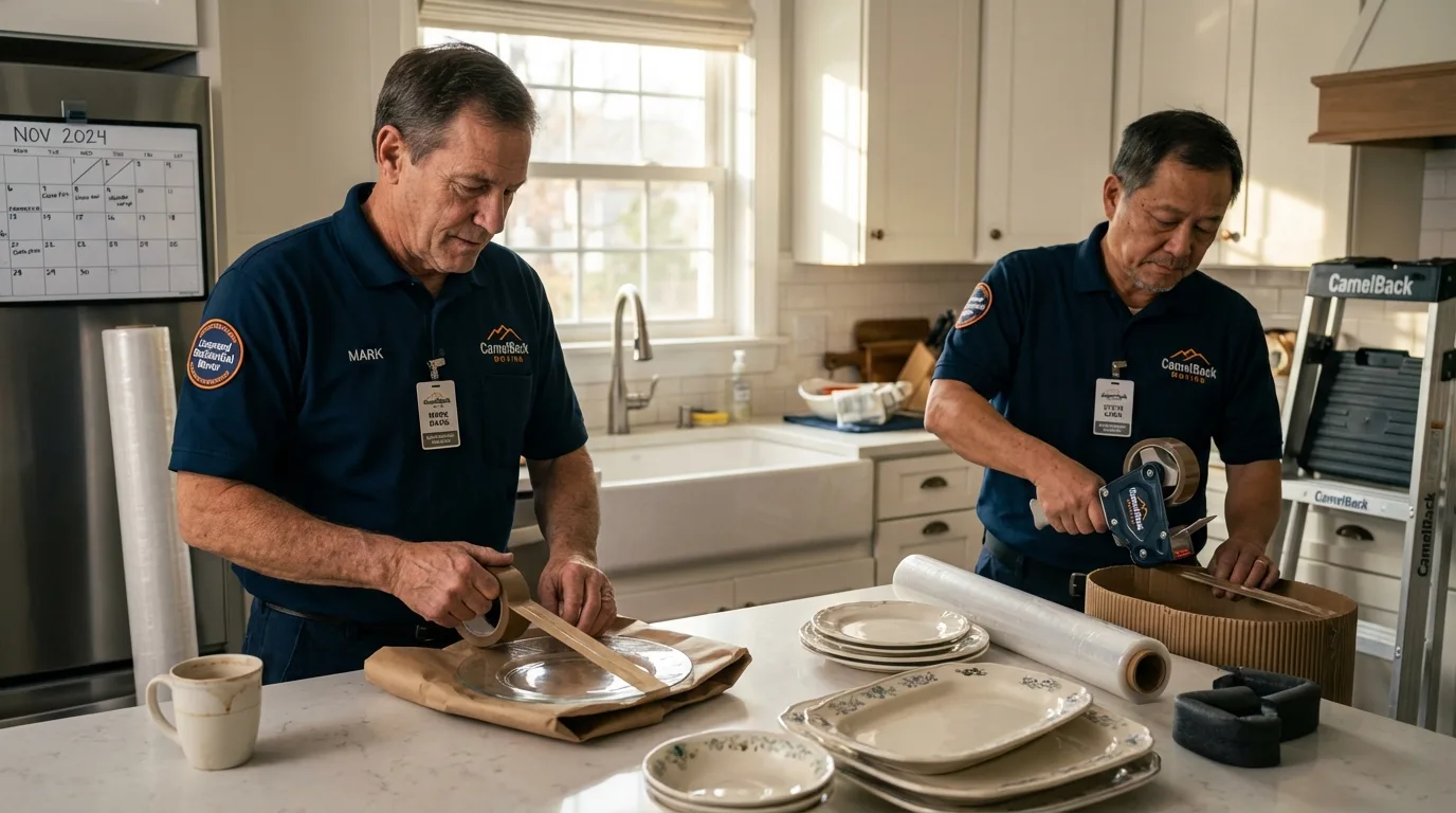 Professional crew packing kitchen dishware in Nederland, TX